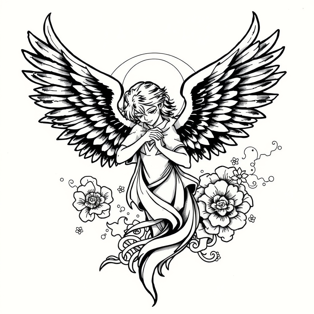 A tattoo design of Angel in the style of japanese. - mythical creatures tattoo design generated by AI tattoo generator