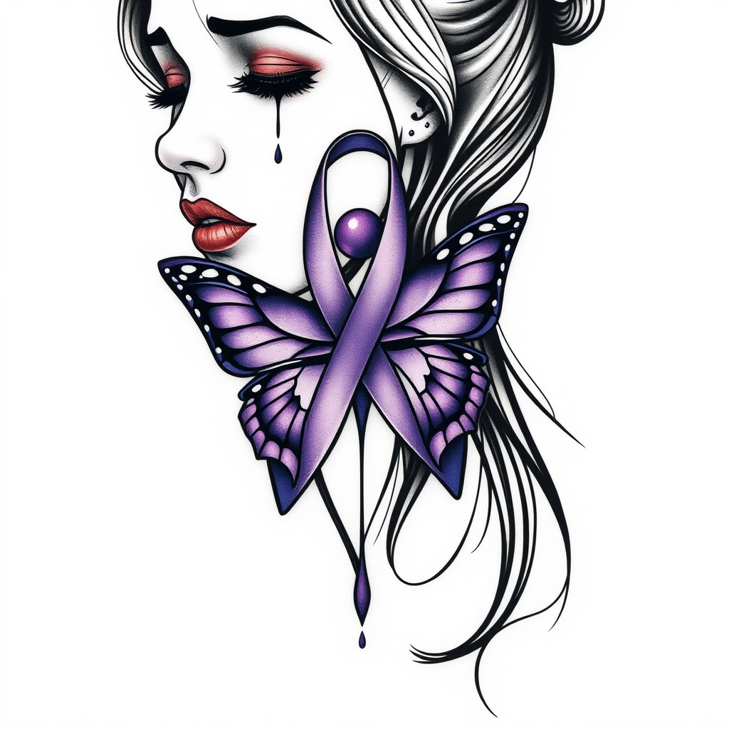 A tattoo design of A woman crying with the domestic awareness ribbon with a purple butterfly entwined together in the style of geometric. - domestic abuse awareness tattoo design generated by AI tattoo generator
