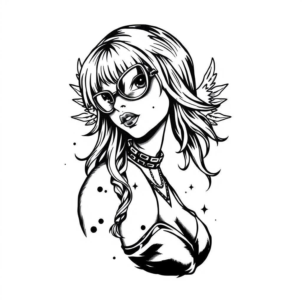 A tattoo design of badass girl on white background in the style of blackwork. - female portrait tattoo design generated by AI tattoo generator
