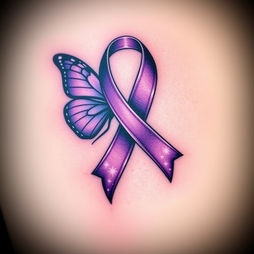 A tattoo design of Domestic violence ribbon awareness inclined together with a purple butterfly in the style of realistic. - domestic violence awareness tattoo design generated by AI tattoo generator