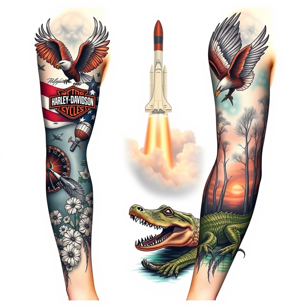 A tattoo design of Right arm full sleeve with the upper containing Harley Davidson theme with eagles mixed with the lower of Florida cypress swamp theme with alligator and space shuttle launch in the background  in the style of realistic. - motorcycle mixed with nature and space tattoo design generated by AI tattoo generator