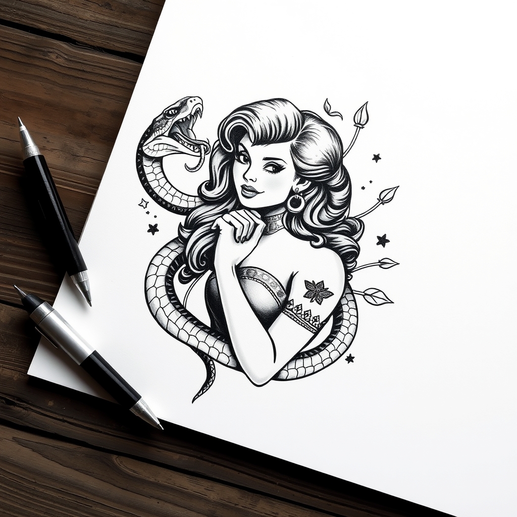 A tattoo design of b/w snake around vintage pinup girl on white paper in the style of blackwork. - pinup girl tattoo design generated by AI tattoo generator
