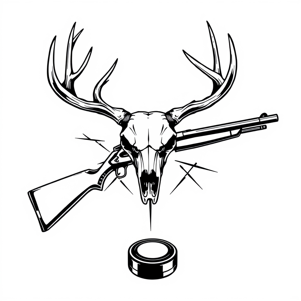 A tattoo design of a deer skull on top of the x of a lever action rifle and a hockey stick all blackout with with a white background with a hockey puck on the bottom of the x in the style of realistic. - hunting sports tattoo design generated by AI tattoo generator