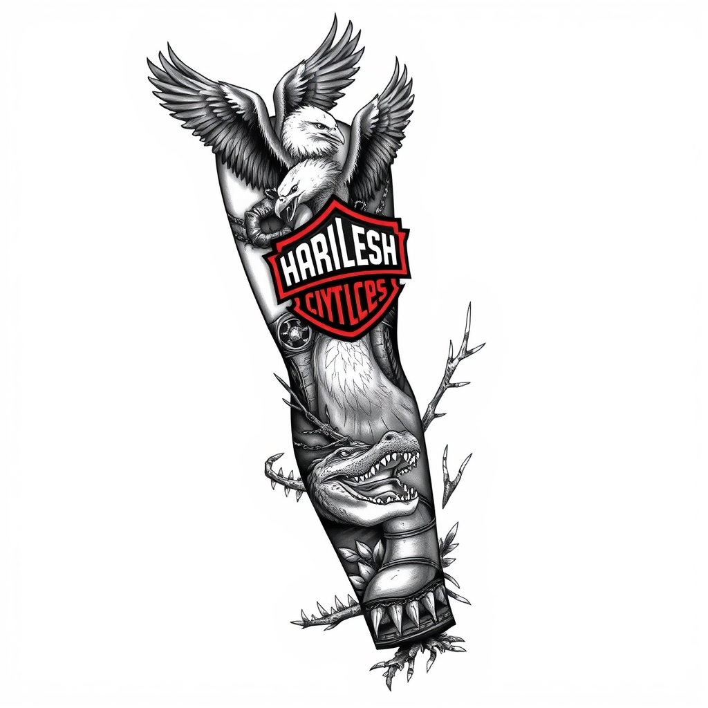 A tattoo design of Right arm full sleeve with the upper containing Harley Davidson theme with eagles mixed with the lower of Florida swamp theme with alligator in the style of realistic. - motorcycle wildlife tattoo design generated by AI tattoo generator