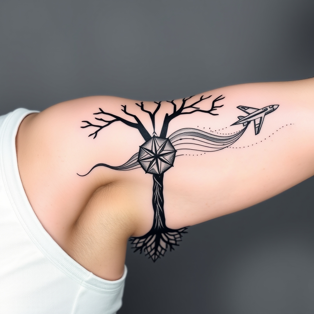 A tattoo design of Style: Geometric black‑work, dot‑shading Placement: Upper arm (biceps only) Design: At inner biceps, dense hexagon base with fine root‑like lines merging downward. From this base, a stylized geometric tree trunk rises, branching outward across the biceps curve. Between branches, weave bold yet flowing black wave motifs with subtle dot‑shade texture to symbolize water/movement. On the outer biceps, integrate a minimalist geometric airplane wing (or compass arrow) emerging from the central branch. Use negative space to keep the design airy and dynamic. Keep line weights heavier at roots/trunk, finer toward branches and waves. in the style of geometric. - nature tree tattoo design generated by AI tattoo generator