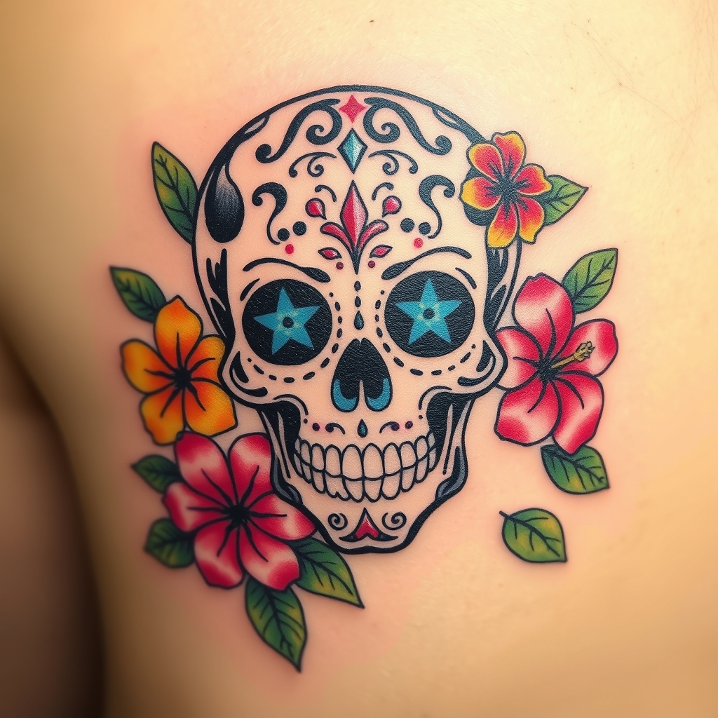 A tattoo design of Sugar Skullsurrounded by small multicolor hibiscus flowers in the style of watercolor. - sugar skull tattoo design generated by AI tattoo generator