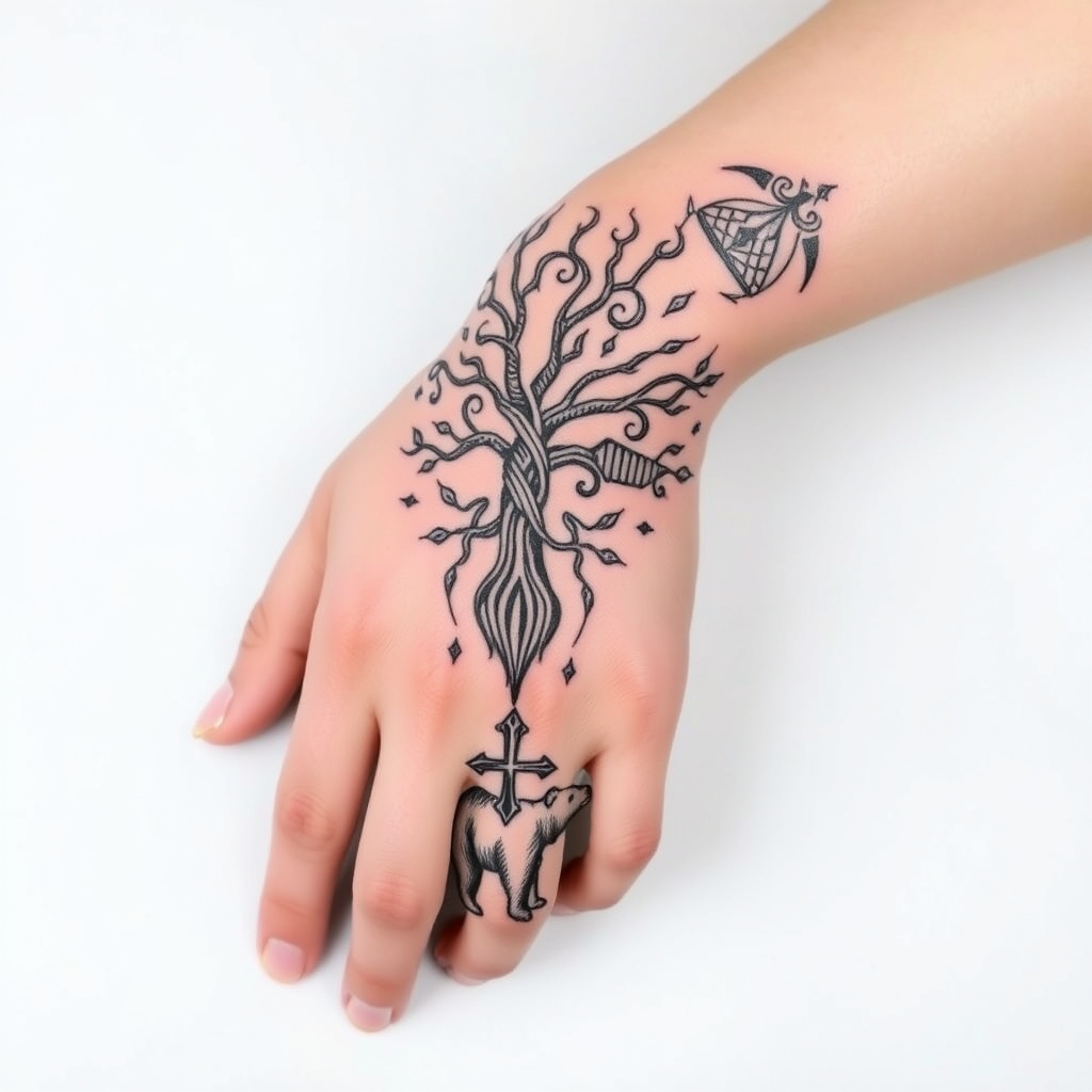 A tattoo design of feminine, odins raevns, wyrd, yggdrasil, vegvisin, valknut, troll cross and bear. Starting at my elbow curving down my forearm onto my fingers in the style of tribal. - norse mythology tattoo design generated by AI tattoo generator