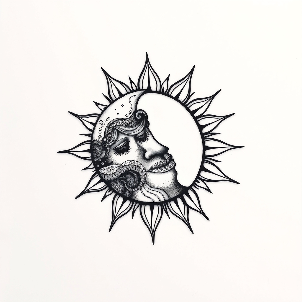 A tattoo design of Moon and Sun  in the style of blackwork. - celestial bodies tattoo design generated by AI tattoo generator