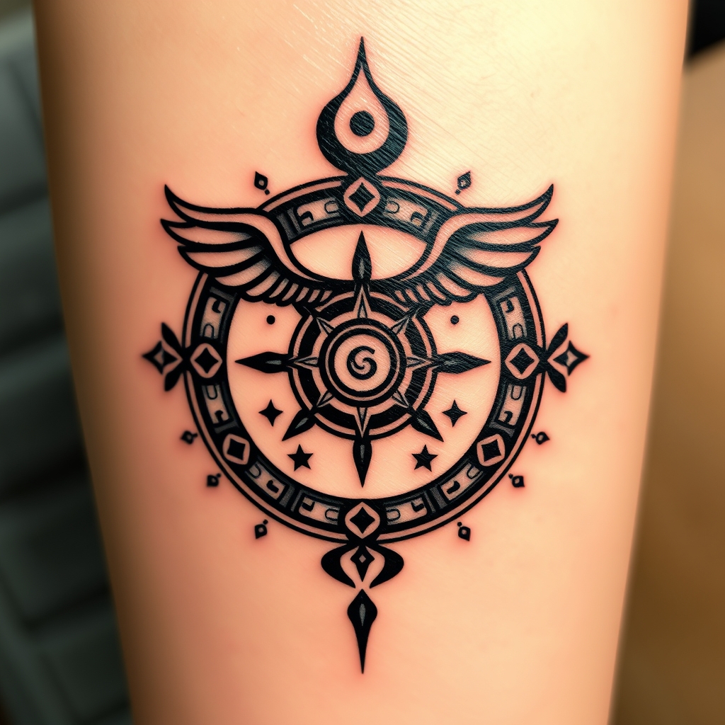 A tattoo design of Incorporate the Swahili symbol for hakuna matata, gemini zodiac sign or constellation, and symbols of Alan watts teachings such as universal consciousness and letting go of ego in the style of realistic. - spiritual symbols tattoo design generated by AI tattoo generator