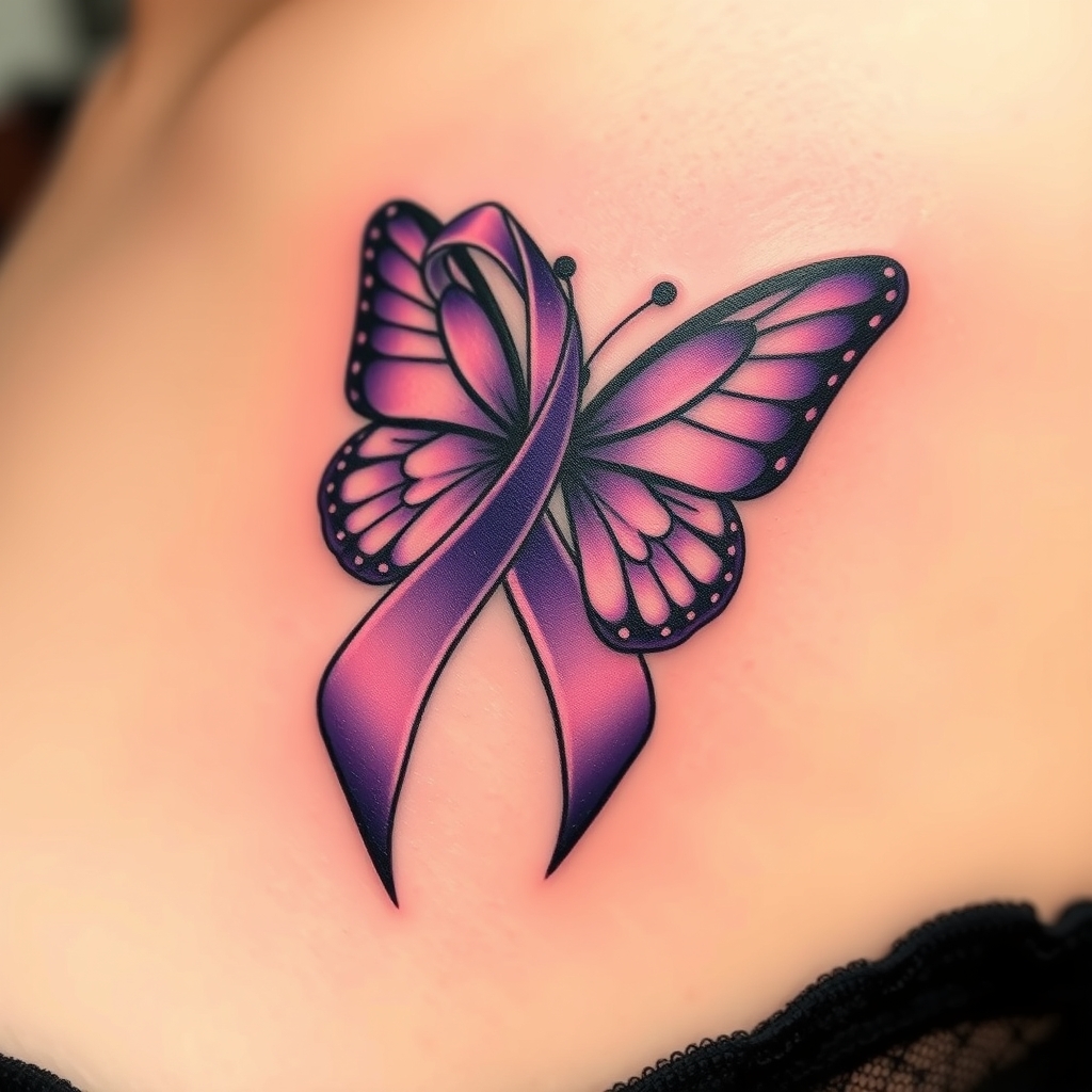 A tattoo design of Domestic violence ribbon awareness inclined together with a purple butterfly  in the style of japanese. - domestic violence awareness tattoo design generated by AI tattoo generator