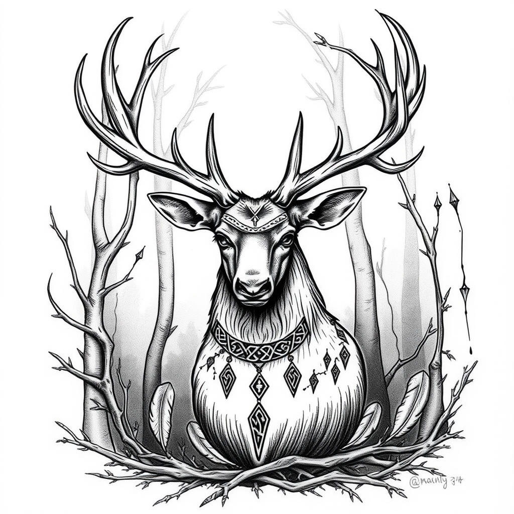 A tattoo design of Manly tattoo - A majestic Stag with Celtic symbolism - Triskeles and Claddagh rings and Celtic knots. Positioned in a forested area where there is thorny branches, fallen feathers. looking to symbolise growth, and strength following periods of shame, regret and a mental health issues following a difficult time in my life. in the style of blackwork. - celtic symbolism tattoo design generated by AI tattoo generator