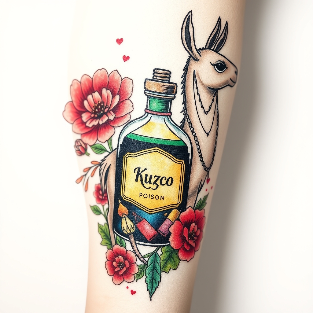 A tattoo design of kuzco poison bottle, with essence of llama in the style of watercolor. - llama bottle tattoo design generated by AI tattoo generator