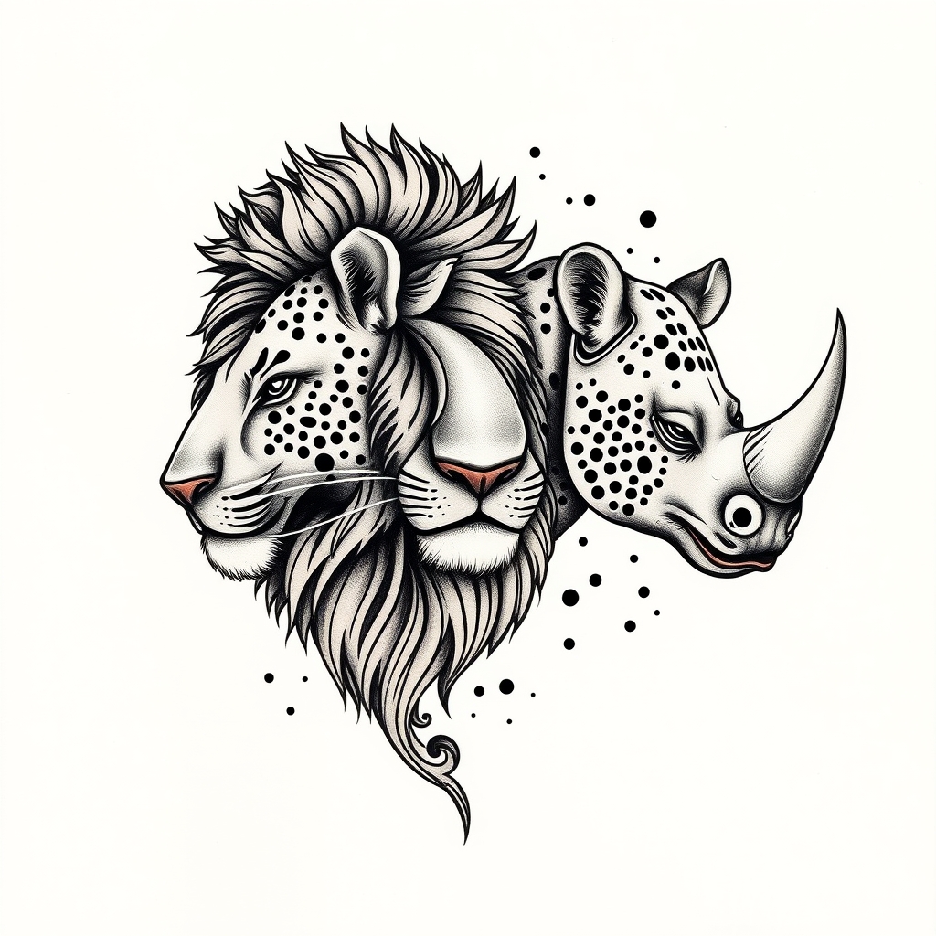 A tattoo design of africa lion cheetah rhino in the style of traditional. - african wildlife tattoo design generated by AI tattoo generator