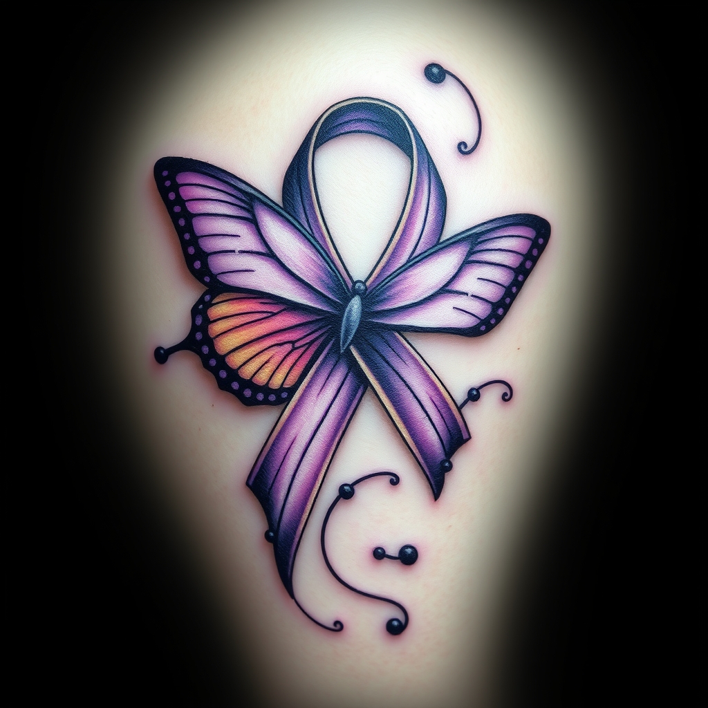 A tattoo design of Domestic violence ribbon awareness inclined together with a purple butterfly in the style of surrealistic. - social awareness tattoo design generated by AI tattoo generator