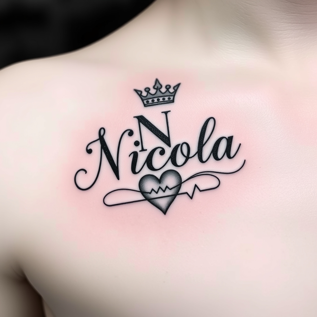 A tattoo design of Il nome Nicola con una corona sopra la N e il battito cardiaco che prosegue dopo il nome in the style of minimalist. - name tattoo tattoo design generated by AI tattoo generator
