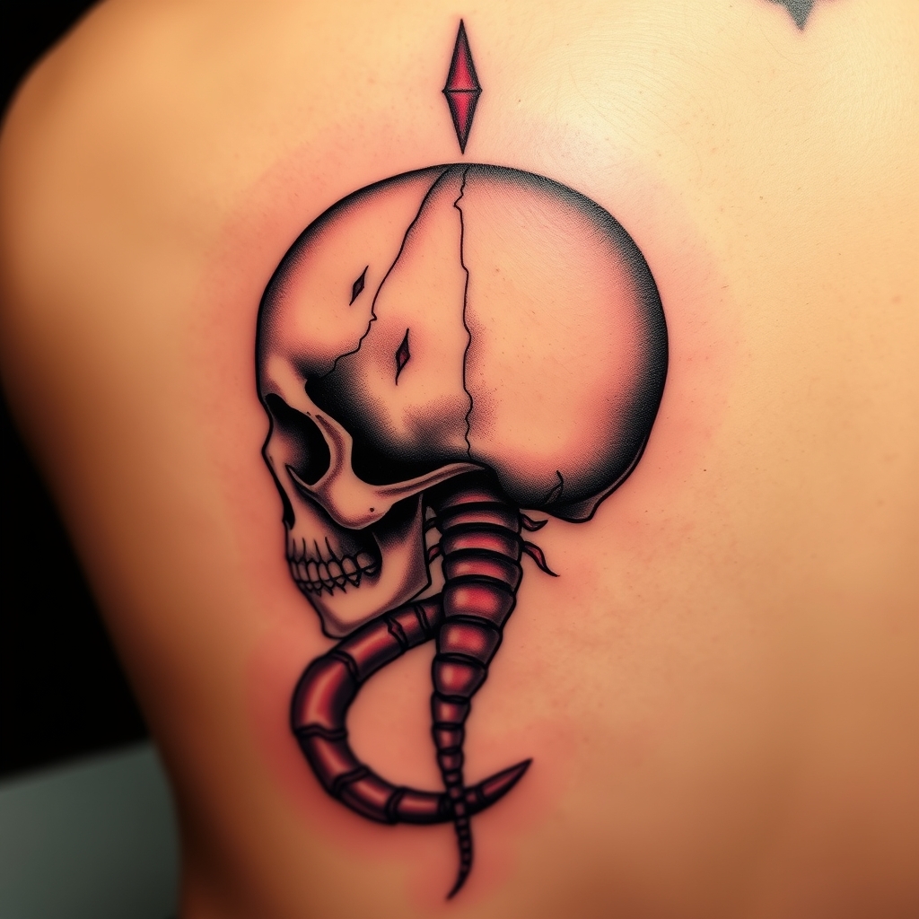 A tattoo design of A tatto of a human skull with the back of it transformed to a Scorpio tail in the style of realistic. - skull and scorpion tattoo design generated by AI tattoo generator