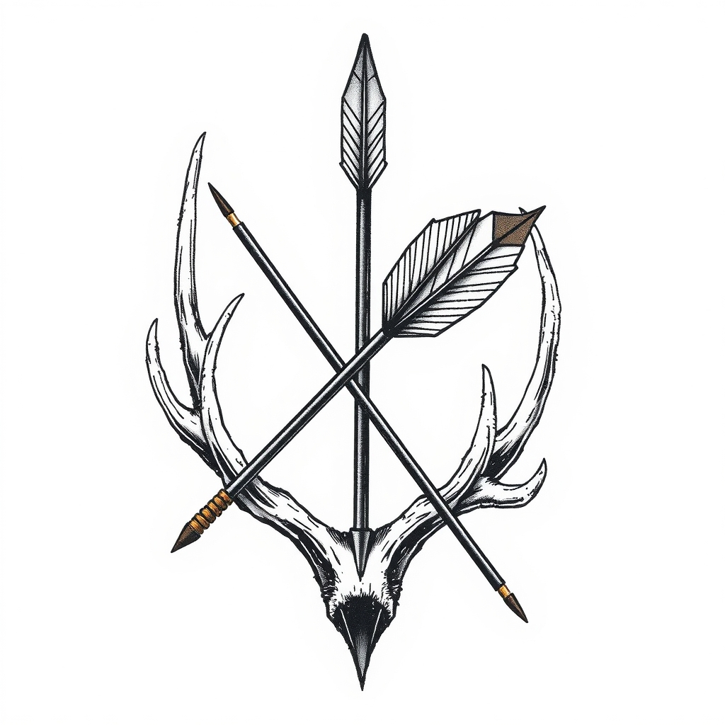 A tattoo design of Arrow laying in an elk antler in the style of realistic. - wildlife tattoo design generated by AI tattoo generator