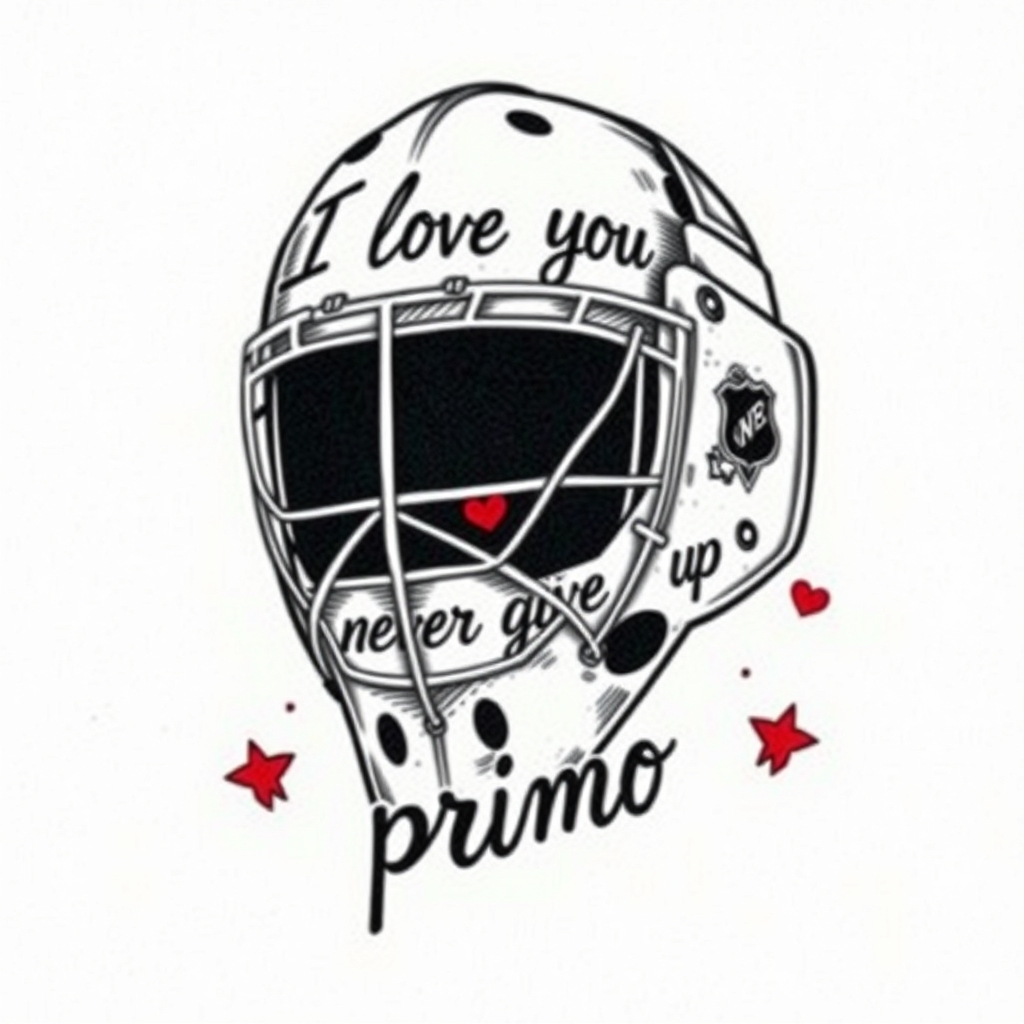A tattoo design of old school NHL goalie mask with the phrase " I love you " " never give up " and the name " primo " in the style of realistic. - hockey tattoo design generated by AI tattoo generator