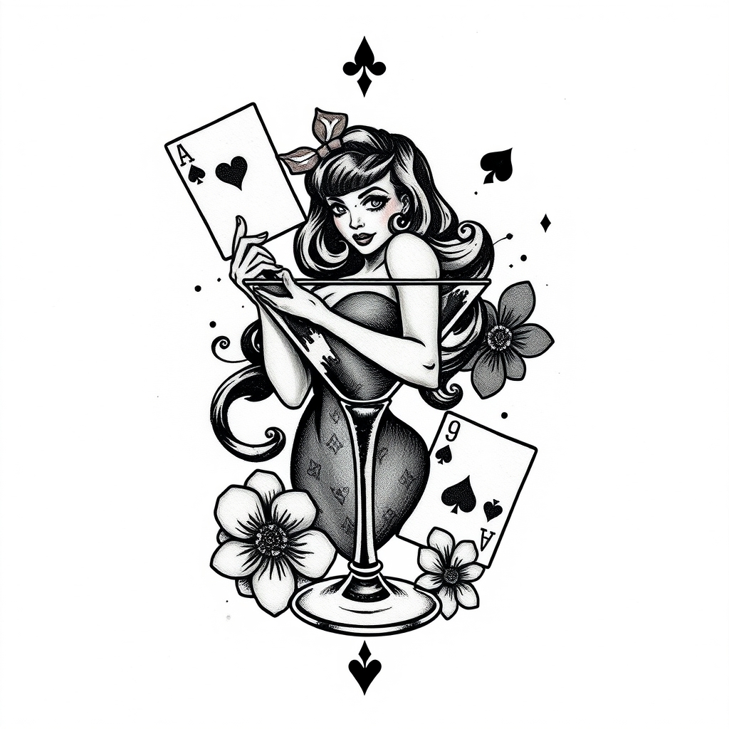 A tattoo design of pinup girl in coctail glass surrounding with play cards in the style of blackwork. - pin up girl tattoo design generated by AI tattoo generator