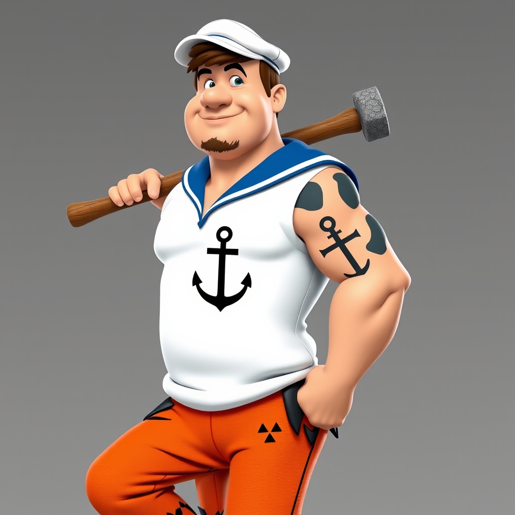 A tattoo design of Mashup Character & Pose Fred’s Iconic Build + Popeye’s Physique: Fred Flintstone’s round, amiable face—complete with his trademark stubble—is built on Popeye’s muscular frame, especially that legendary forearm power. Anchor Tattoo: Boldly inked on his forearm: Popeye’s classic anchor, seamlessly integrated into Fred’s rugged square-shouldered silhouette. Pose: Leaning casual and confident against Fred’s prehistoric club, angled slightly — suggesting a moment of rest after some mighty feats in Bedrock. Attire + Color Palette Popeye’s Sailor Outfit in Flintstone Hues: Shirt: Popeye’s white sailor shirt—reimagined in Fred’s signature orange-leopard pattern edged with Flintstone-style black jagged trim. Pants: Classic Popeye blue sailor trousers, but dyed in a rich Flintstone orange shade to match the shirt, trimmed black. Hat: Popeye's white cap, but the bill is stone-carved and slightly chipped for prehistoric flair. Props Club (Leaning On): A big, chunky stone club with vein-like cracks—clear Bedrock craftsmanship. Spinach Can (In Hand): A rock-hewn can labeled “Spinach” in a bold chiseled font, a vivid green leaf peeking out. --- 🖌️ Art Style Suggestions Neo‑Traditional / American Traditional Style: Clean, bold outlines (think thick black lines around character). A palette that’s bright but grounded: Flintstone orange, Popeye blue, leafy spinach green, stone-gray for props. Shading with stippling or classic Americana style for depth and texture. Color Balance: Orange-leopard pattern stays the dominant visual theme, grounding the design firmly in Fred's aesthetic—even as the sailor elements pop against it. in the style of traditional. - cartoon characters tattoo design generated by AI tattoo generator