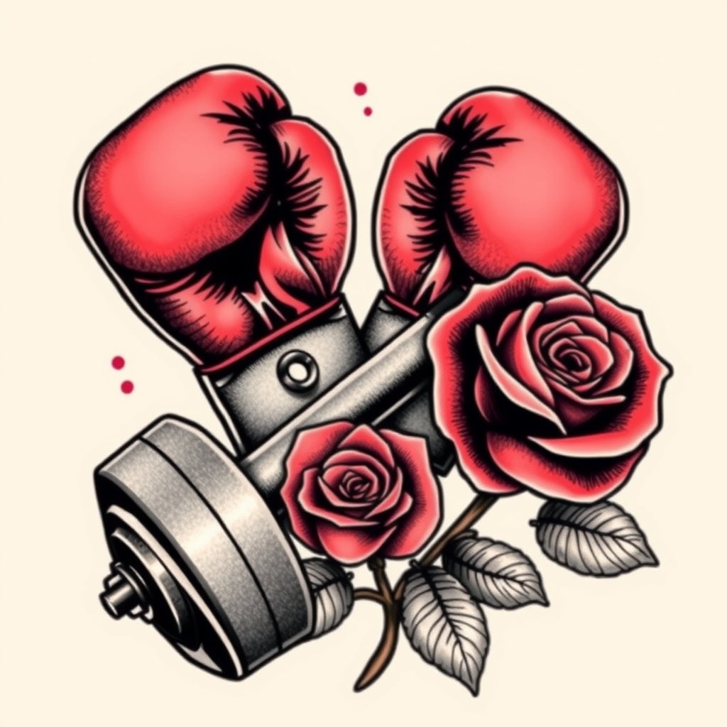 A tattoo design of A pair of boxing gloves, a weight dumbell, and one rose in the style of realistic. - fitness symbols tattoo design generated by AI tattoo generator