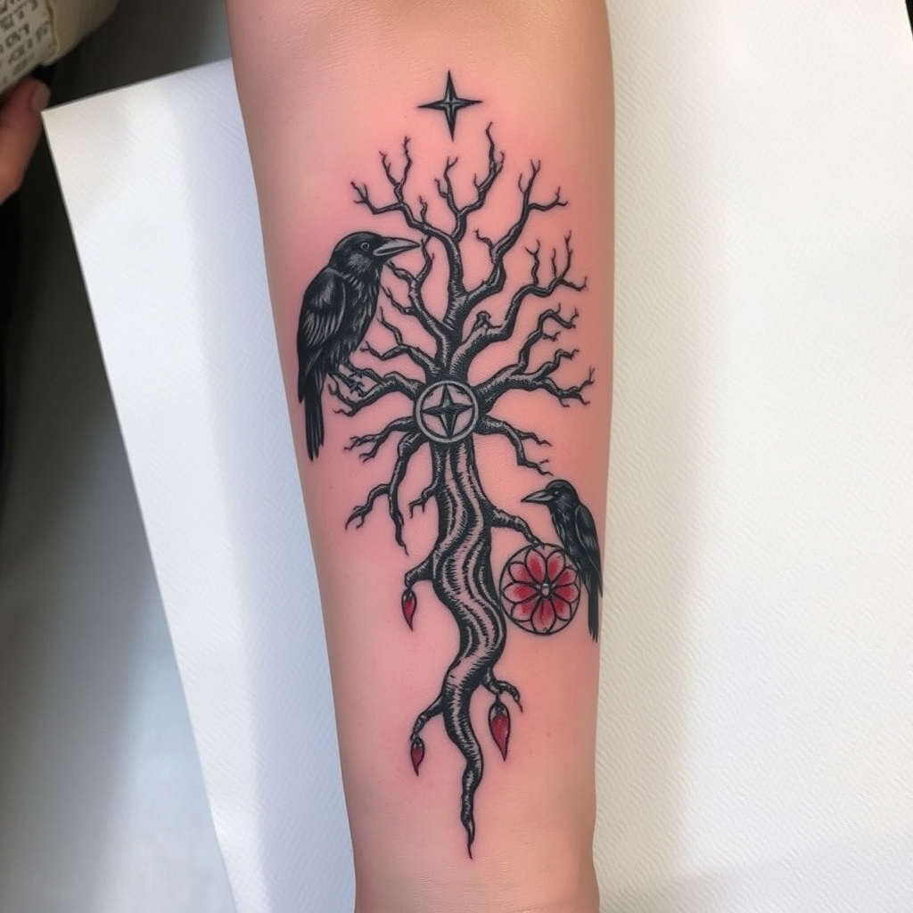 A tattoo design of feminine, odins ravens, yggdrasil, vegvisin, add a little red  Down my arm onto my wrist in the style of surrealistic. - norse mythology tattoo design generated by AI tattoo generator