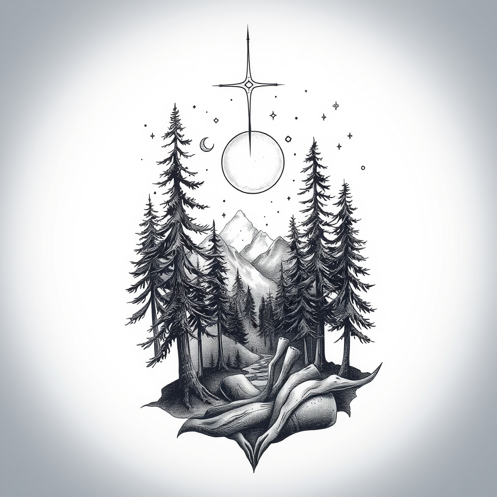 A tattoo design of Forest and space in the style of realistic. - forest and space tattoo design generated by AI tattoo generator