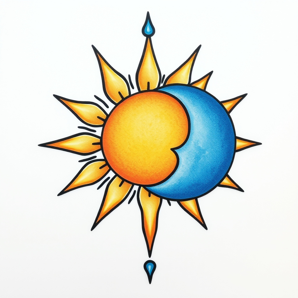 A tattoo design of Aquarius with sun and blue moon in the style of traditional. - astrology tattoo design generated by AI tattoo generator