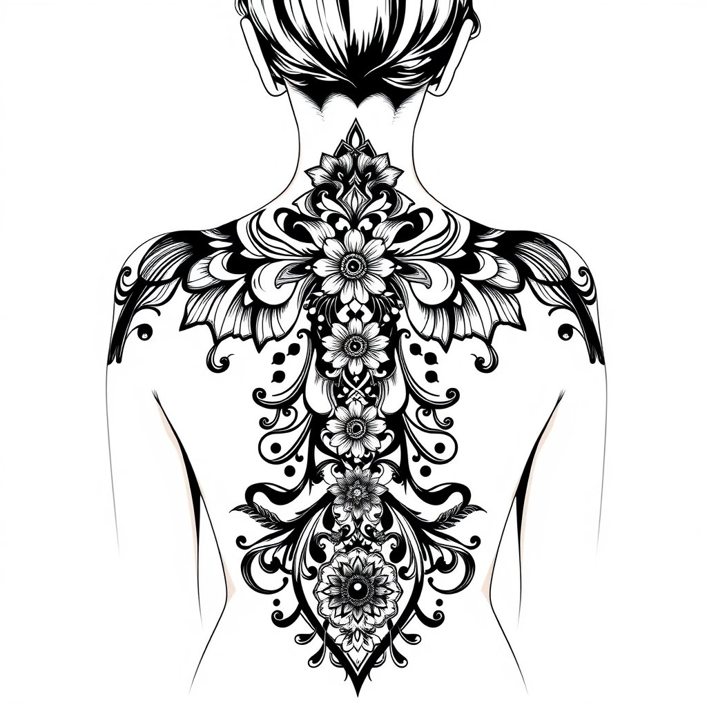 A tattoo design of Decorative back tattoo in art nouveau style in all black, going from the outer tips of the shoulders down the middle of the spine. in the style of surrealistic. - back tattoo tattoo design generated by AI tattoo generator