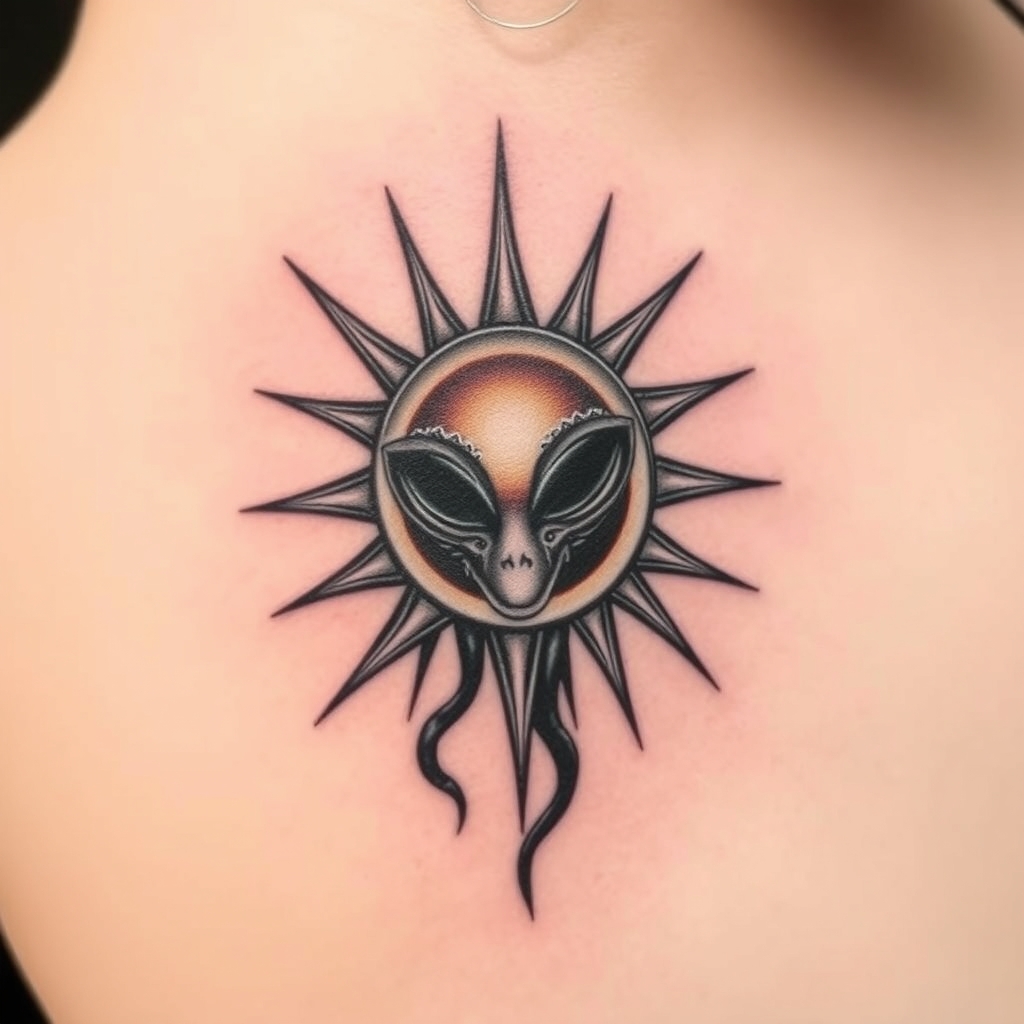 A tattoo design of simple alien clours psicodélico simple whit solar hibrid eclipse in the style of realistic. - space theme tattoo design generated by AI tattoo generator