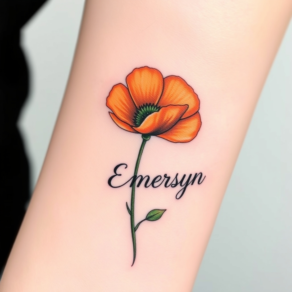 A tattoo design of Small inner wrist of an orange poppy with the name Emersyn as the stem in the style of watercolor. - flower tattoo design generated by AI tattoo generator