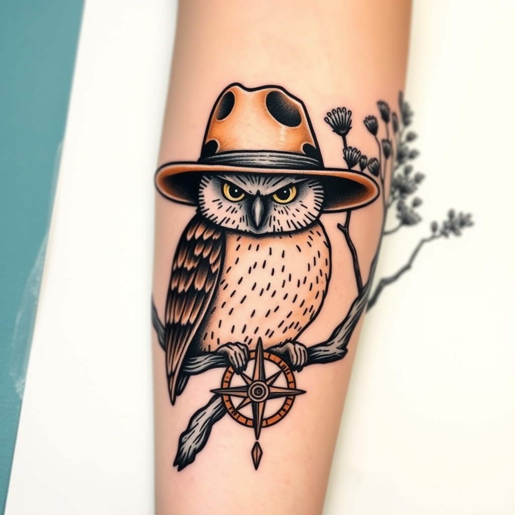 A tattoo design of Slim dusty hat, owl, compass, gum tree in the style of realistic. - australian wildlife tattoo design generated by AI tattoo generator