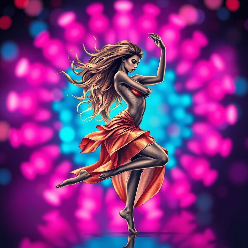A tattoo design of A breathtakingly human woman dances mid-pose, her movement caught between motion and stillness. Her hair flows like liquid gold in slow gravity, while her form spirals with the grace of a Fibonacci shell. The background glows with radiant neon pinks and electric blues — a dreamy surreal night with shimmering bokeh. Her expression is pure reverie, as if music moves through her bones. The lighting casts soft shadows that carve her features in high-resolution detail, almost too perfect to be real. in the style of blackwork. - woman dancing tattoo design generated by AI tattoo generator