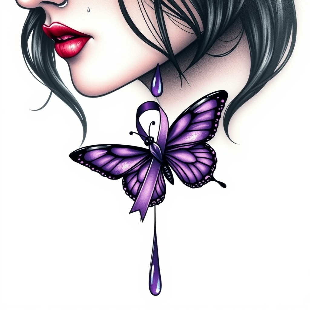 A tattoo design of A tear running down a woman's face with a domestic violence ribbon and a purple butterfly entwined together in the style of surrealistic. - domestic violence awareness tattoo design generated by AI tattoo generator