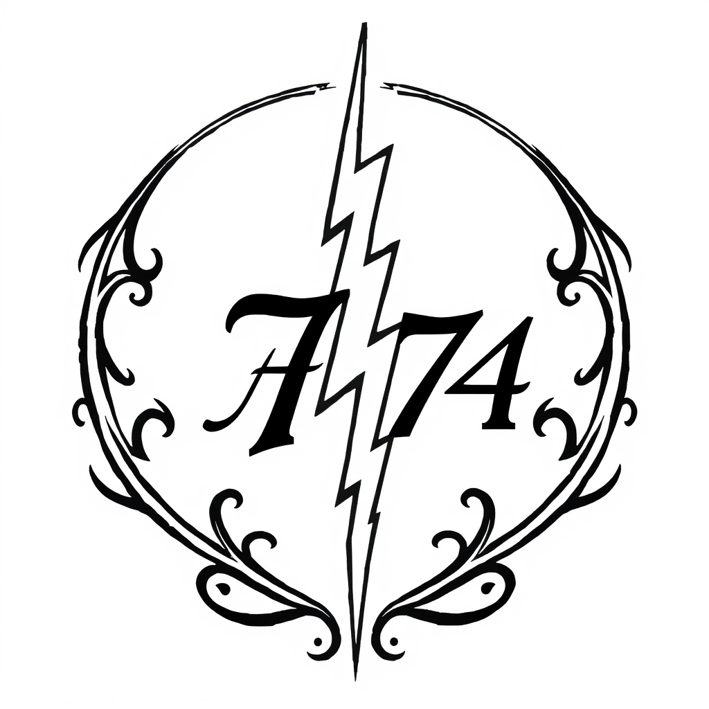 A tattoo design of Initials AB, year 74, lightning bolt in the style of tribal. - symbol tattoo design generated by AI tattoo generator