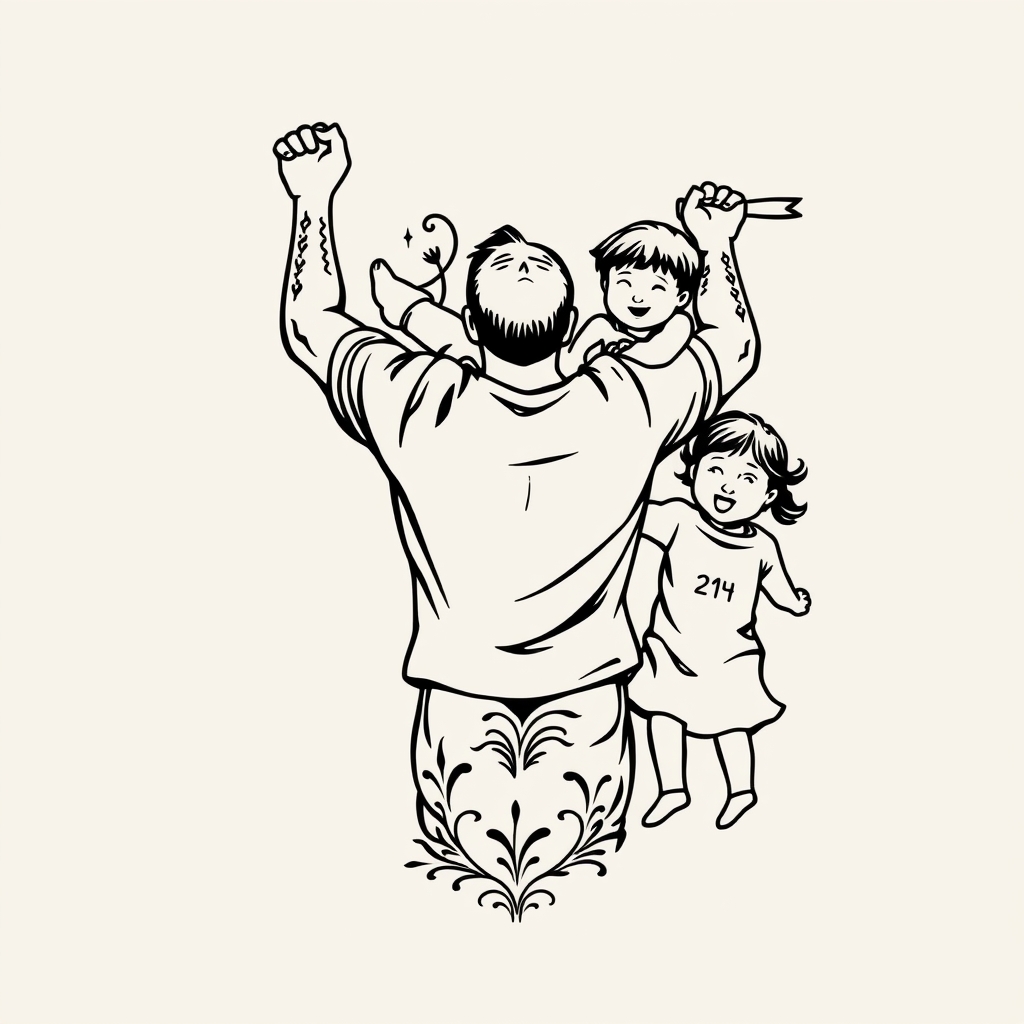 A tattoo design of A father lifting his 3 kids showing their birthdays in the style of traditional. - family portrait tattoo design generated by AI tattoo generator
