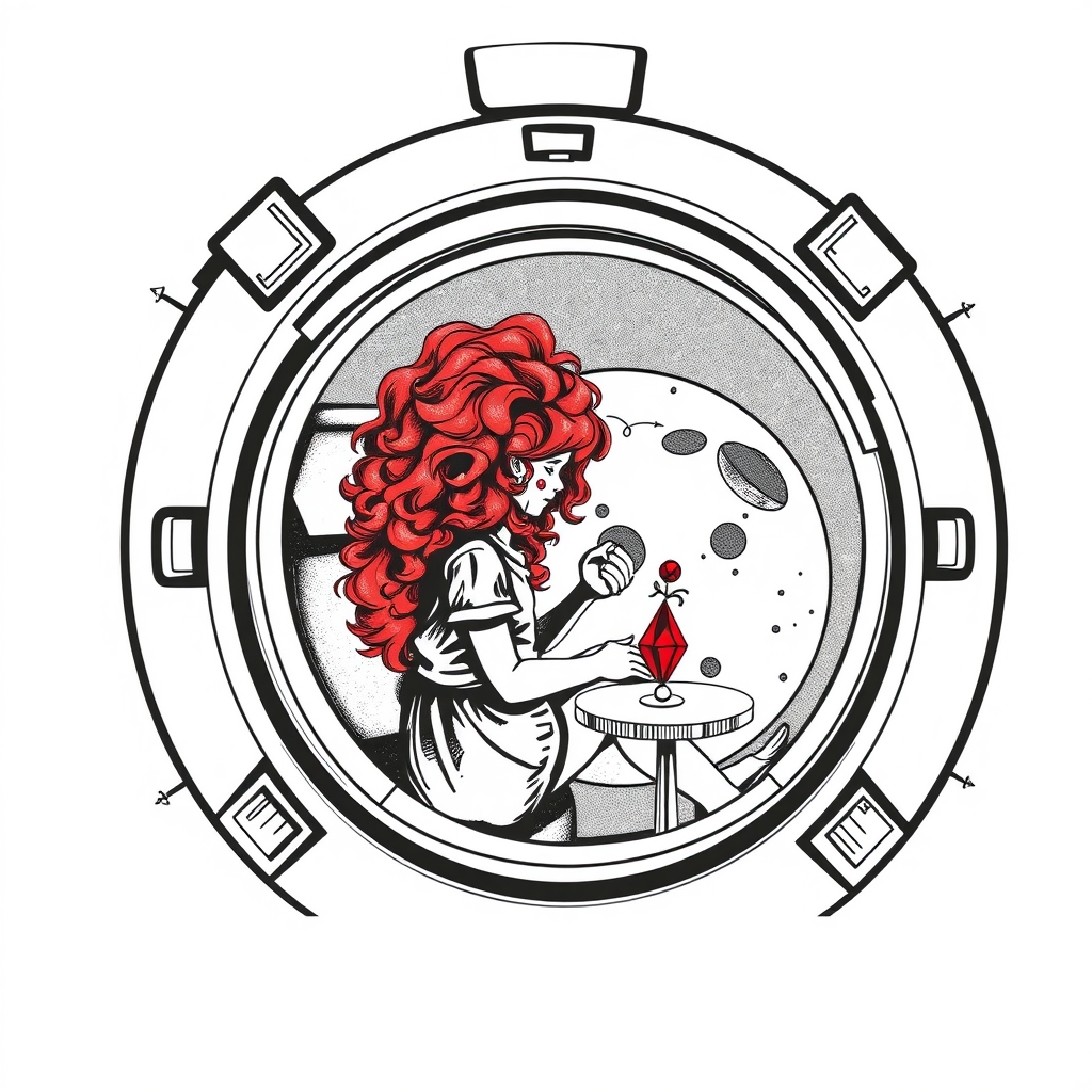 A tattoo design of Black and grey style. Redhead girl with curly hair sitting in a small space capsule alone. Floating through space with nothing to keep her company but a thing red ruby which she keeps on the small table by the porthole window. They are both sitting by the window peering out on an unknown planet. in the style of geometric. - space exploration tattoo design generated by AI tattoo generator