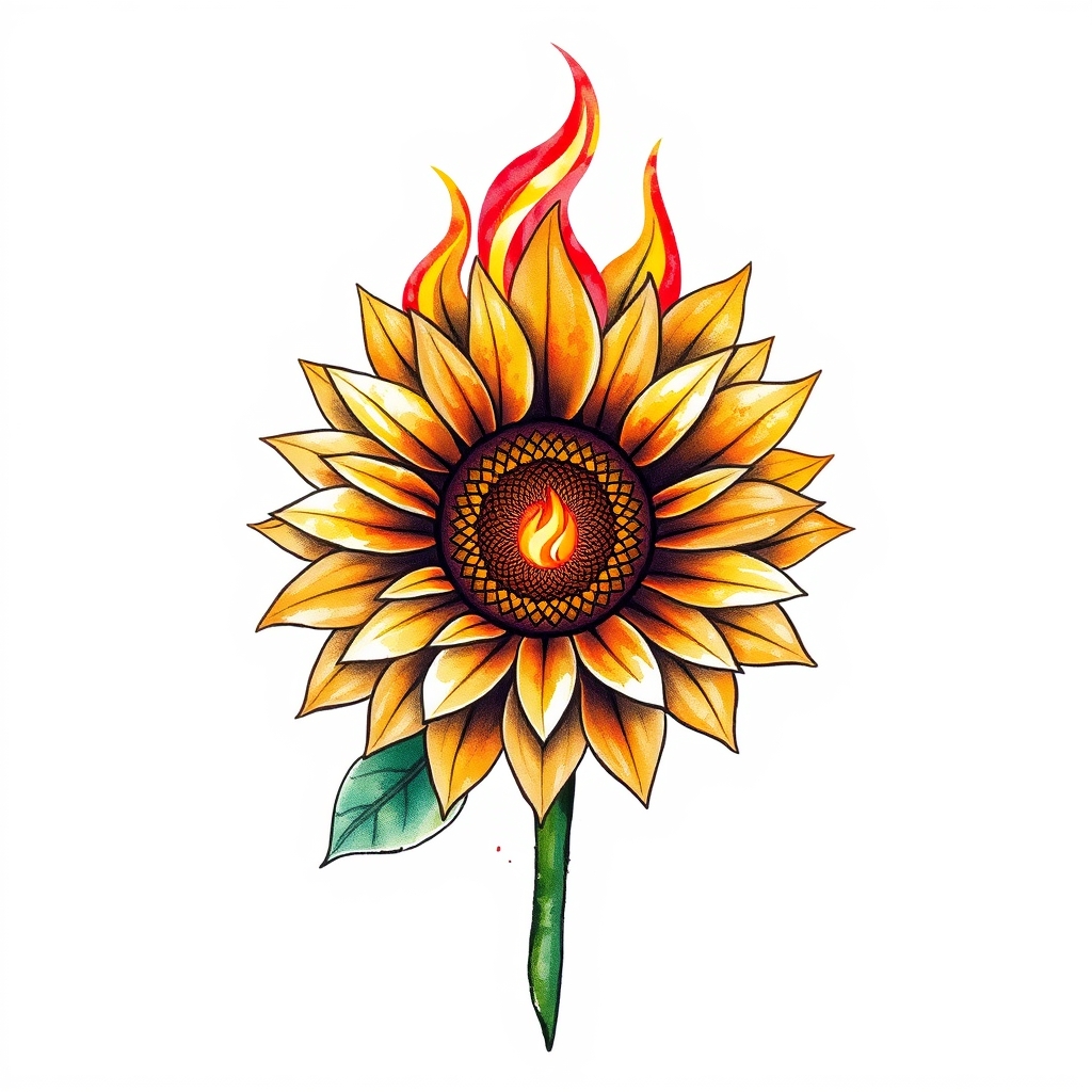 A tattoo design of A sunflower with fire  in the style of watercolor. - flowers tattoo design generated by AI tattoo generator