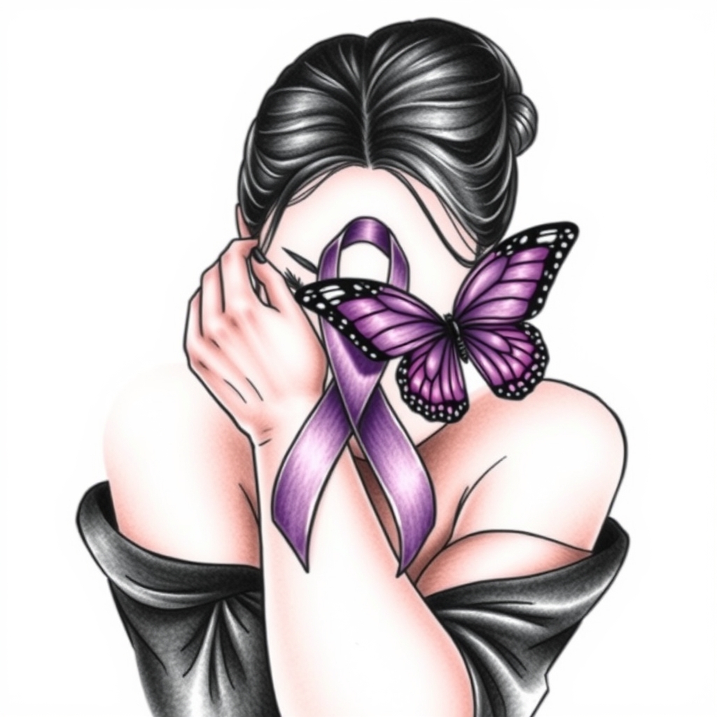 A tattoo design of Domestic violence ribbon awareness inclined together with a purple butterfly as a women hunched over her hands overing her face in the style of japanese. - domestic violence awareness tattoo design generated by AI tattoo generator