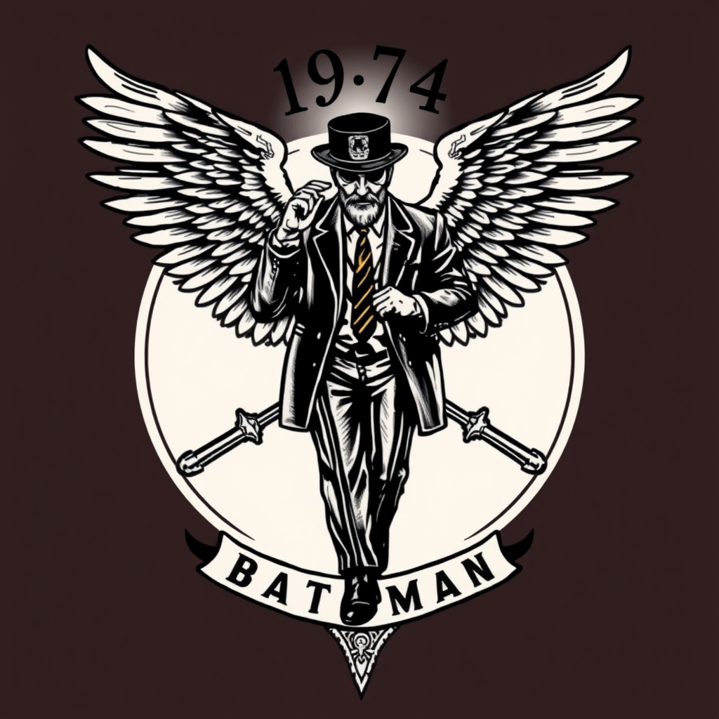 A tattoo design of Winged Wheel, “1974”, "BATEMAN", law enforcement, Father in the style of surrealistic. - law enforcement memorial tattoo design generated by AI tattoo generator