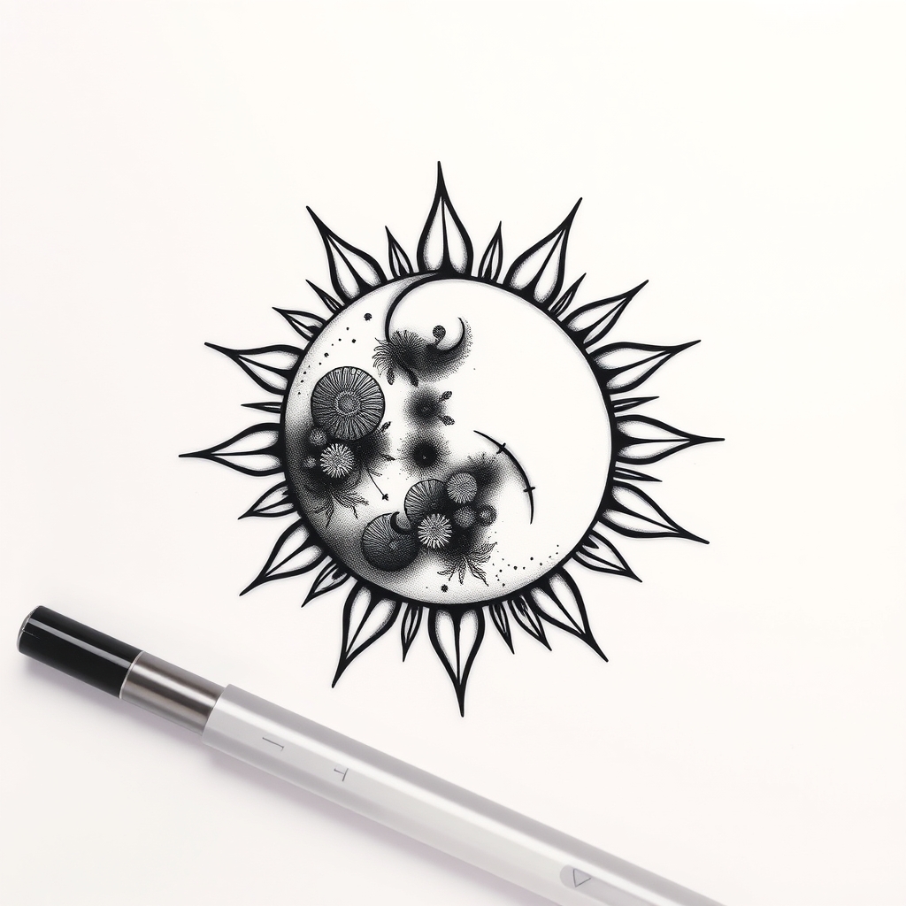 A tattoo design of Moon and sun  in the style of blackwork. - celestial bodies tattoo design generated by AI tattoo generator