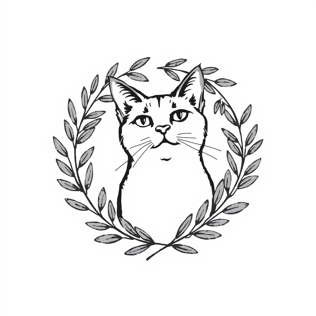 A tattoo design of Olive leaves wreath with a cat in the style of minimalist. - plants animals tattoo design generated by AI tattoo generator