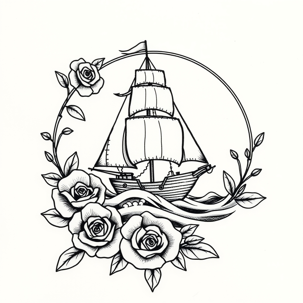 A tattoo design of traditional sail ship on waves surround in frame with rose and flowers in the style of blackwork. - ships and boats tattoo design generated by AI tattoo generator