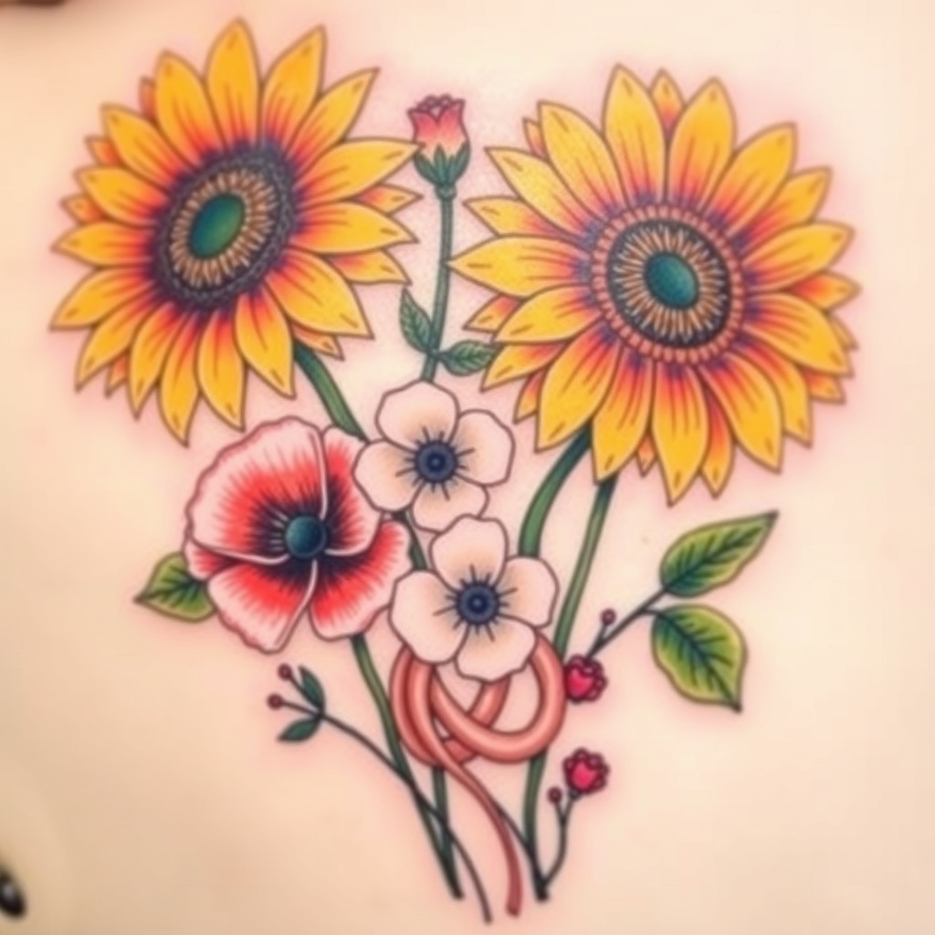 A tattoo design of Sunflowers,  poppies and forget me knots  in the style of realistic. - flowers tattoo design generated by AI tattoo generator