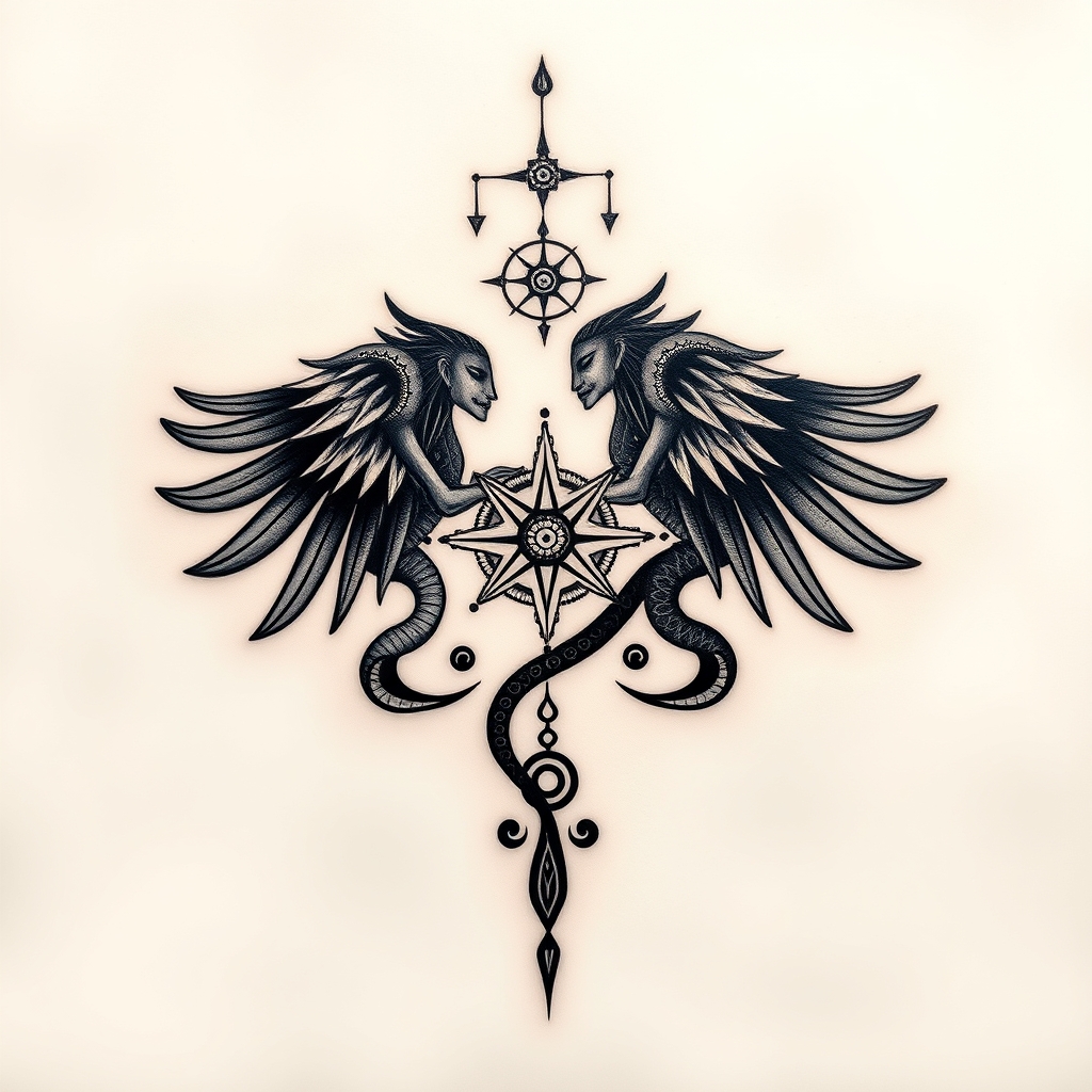 A tattoo design of Hakuna Mata, gemini zodiac sign or constellation, symbolism for Alan watts teachings such as universal consciousness and letting go of the ego in the style of realistic. - astrology tattoo design generated by AI tattoo generator
