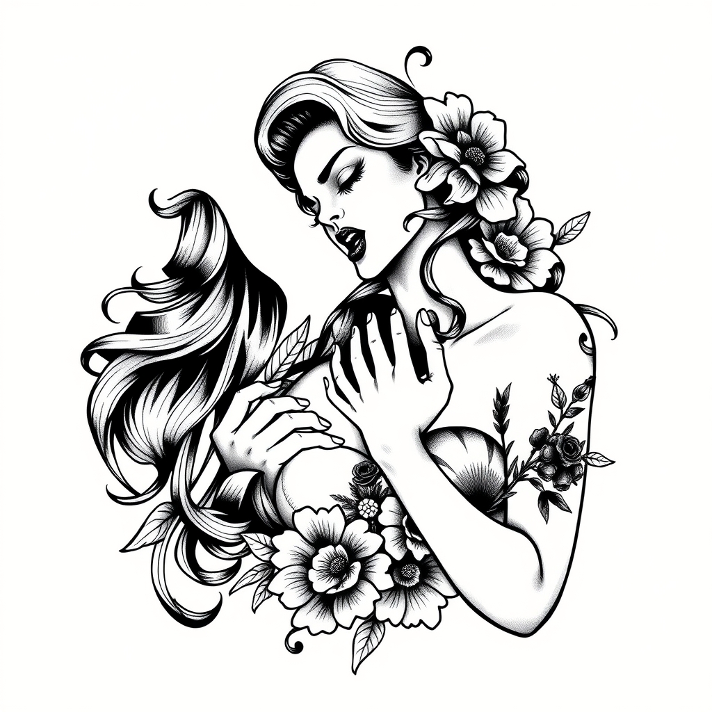 A tattoo design of Woman giving blowjob in the style of blackwork. - erotic art tattoo design generated by AI tattoo generator