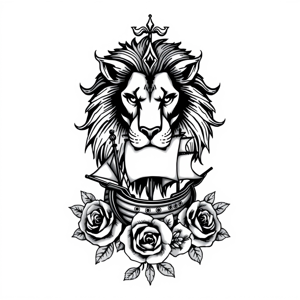 A tattoo design of Lion and pirate ship and roses in the style of blackwork. - animal and fantasy tattoo design generated by AI tattoo generator