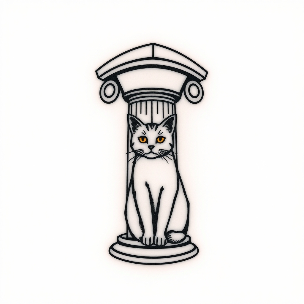 A tattoo design of Greek pillar with a cat  in the style of minimalist. - greek architecture tattoo design generated by AI tattoo generator