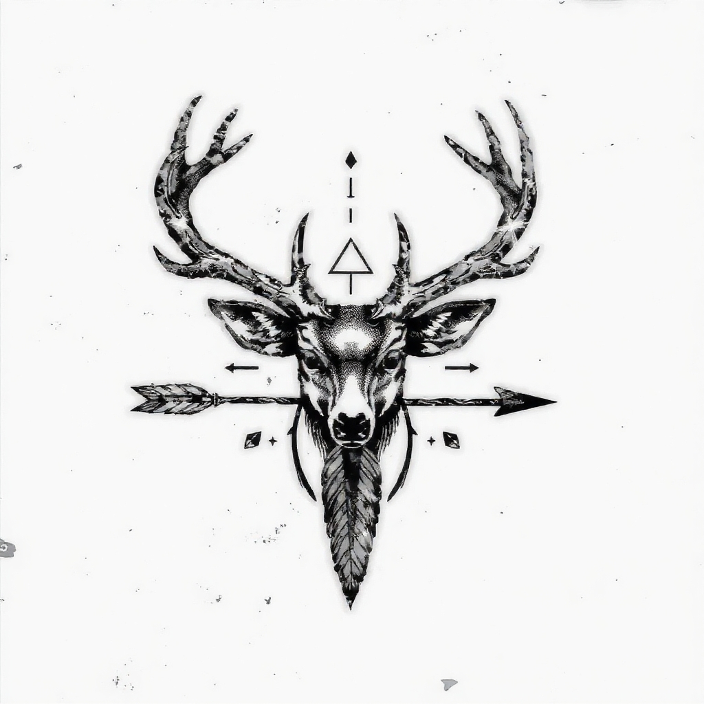 A tattoo design of Deer antlers arrow duck feather in the style of geometric. - wildlife symbols tattoo design generated by AI tattoo generator