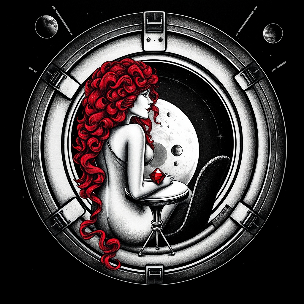 A tattoo design of Black and grey style. Redhead woman with curly hair sitting in a small space capsule alone. Floating through space with nothing to keep her company but a thing red ruby which she keeps on the small table by the porthole window. They are both sitting by the window peering out on an unknown planet. in the style of surrealistic. - space travel tattoo design generated by AI tattoo generator